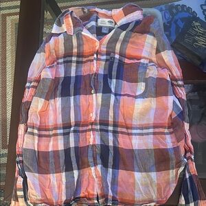 Plaid Button-Up Shirt in Orange and Blue